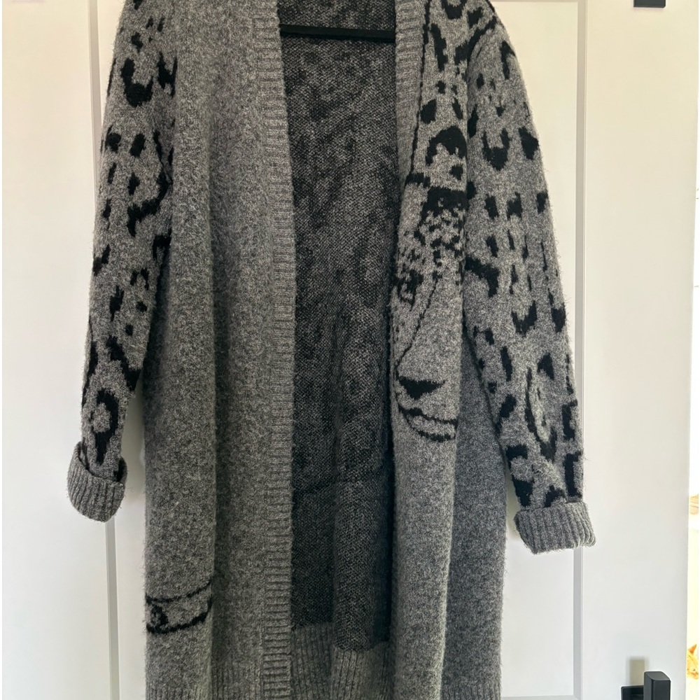 Anthropologie long cardigan sweater with leopard detail